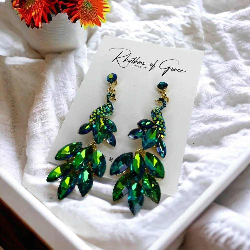 Peacock Statement Dangle Earrings Sparkly Rhinestone Glam I NWT